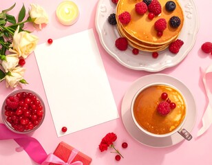 Breakfast in Bed with Pancakes, Berries, Roses, Candle and a Note on Pink Background