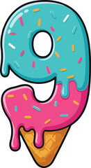 Ice Cream Number 9 Vector – Colorful Cartoon Melting Ice Cream Font with Sprinkles
