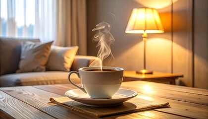 A warm living room scene with a steaming cup on a wooden table