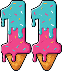 Ice Cream Number 11 Vector – Colorful Cartoon Melting Ice Cream Font with Sprinkles