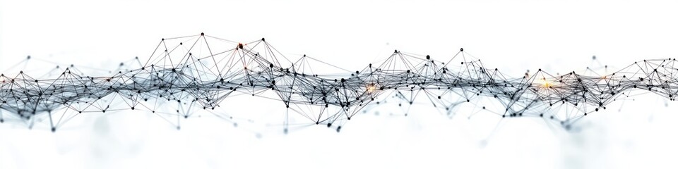 Abstract digital network composed of interconnected black nodes and lines forming a wave-like structure with subtle glowing points on a clean white background conveying connectivity and technology