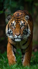 A majestic tiger emerges from the green foliage, facing forward