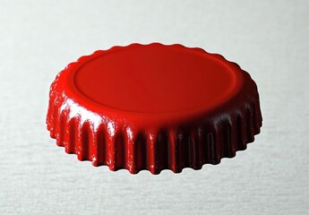 Close-up of a shiny red bottle cap with textured ridges on a light neutral background evoking a clean and simple feeling