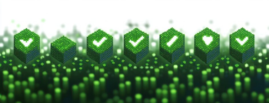 Glowing green digital cubes with different white check marks and shield icons floating above a field of illuminated green pixels representing technology and security concepts