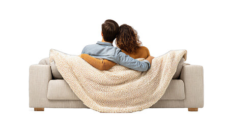 Couple Sitting on Couch with Blanket Embracing in Cozy Living Room Scene