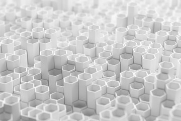 Abstract geometric hexagonal structure with depth and texture in minimalist design. 3d render