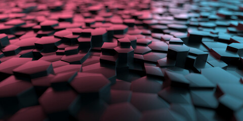 Obraz premium Abstract geometric hexagonal pattern with red and black gradient. 3d render