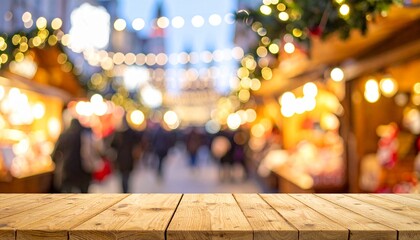 クリスマスマーケットの背景と木製のテーブル