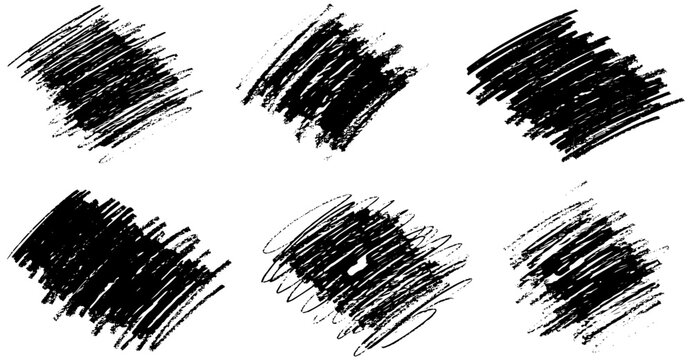 Six bold black scribbles offer raw texture, perfect for striking accents or distressed design elements