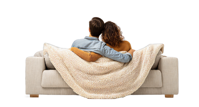 Couple Sitting on Couch with Blanket Embracing in Cozy Living Room Scene - Powered by Adobe