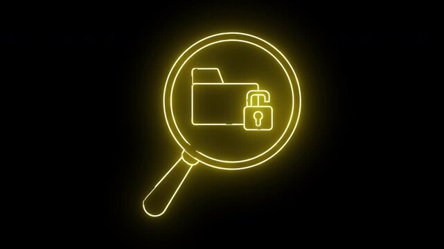 A neon yellow folder and open padlock are under a magnifying glass on a black background