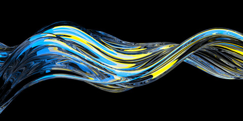 Abstract fluid waves with blue and yellow swirls for modern design and decor. 3d render