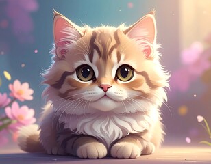 Adorable kitten with fluffy fur, big eyes, and a sweet, innocent gaze