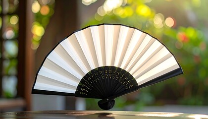 An open paper fan with black trim and white paper in an outdoor scene