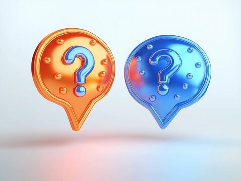 Two shiny metallic question marks inside speech bubble shapes in orange and blue floating on a light background representing inquiry or doubt