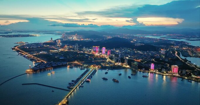Aerial view of Ha Long city and rock island, Halong Bay, Vietnam, Southeast Asia. UNESCO World Heritage Site. Junk boat cruise to Ha Long Bay. Popular landmark, famous destination of Vietnam