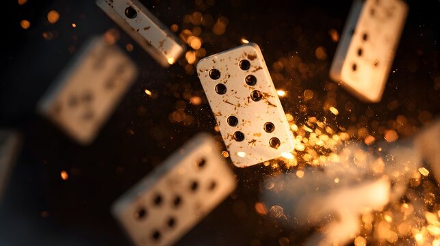 Multiple bone-colored game tiles with dark pips scatter dramatically against a dark background illuminated by brilliant warm sparks