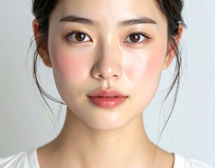 Beautiful young woman with perfect skin and natural makeup looking at the camera