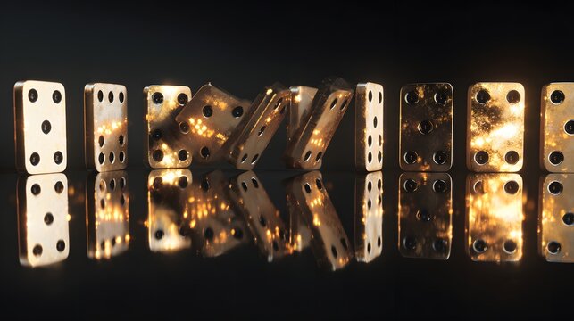 Row of metallic game pieces falling over in sequence against a dark background