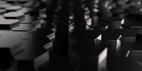 Geometric black hexagon pattern with abstract shadows and depth. 3d render
