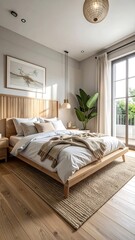 Bright bedroom with wooden accents, large window, and modern aesthetic
