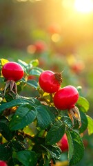 Bright red rose hips with green leaves backlit by warm sunlight