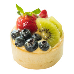 A delectable fruit tart adorned with a colorful assortment of fresh berries and kiwi. The dessert has a pastry crust and a creamy filling