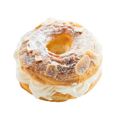 Delicious Cream-Filled Pastry garnished with almonds and powdered sugar. A close-up, tempting treat ready to be enjoyed!