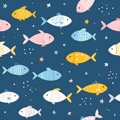 Cartoon fish in various colors on a dark blue background with stars