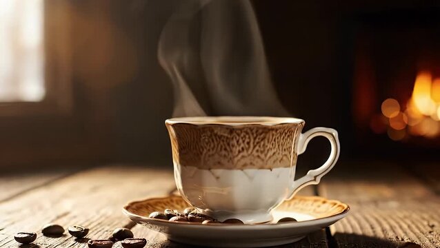 Aromatic Morning Delight A Cup of Coffee by the Fireplace Invites Serenity and Warmth to Start the Day
