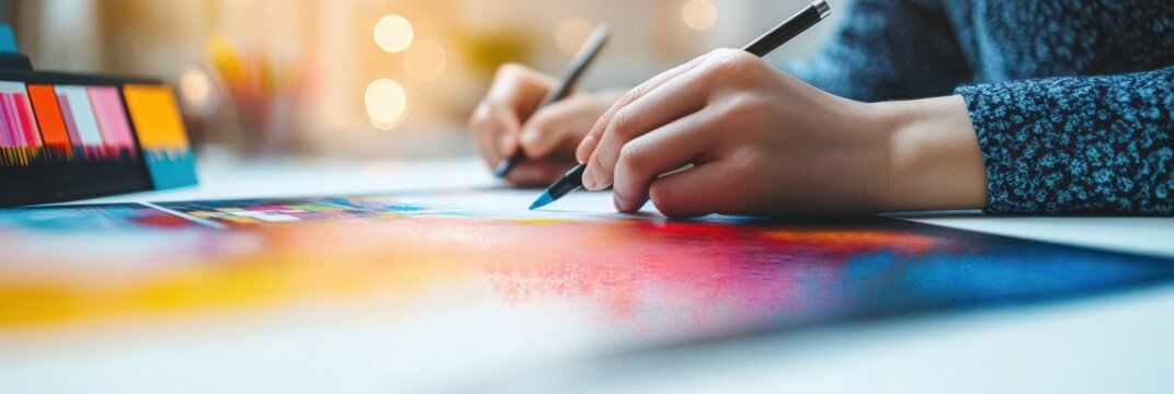 Person sketching or drawing colorful artwork on a large sheet with markers and color swatches nearby, focused creative atmosphere with soft warm lighting