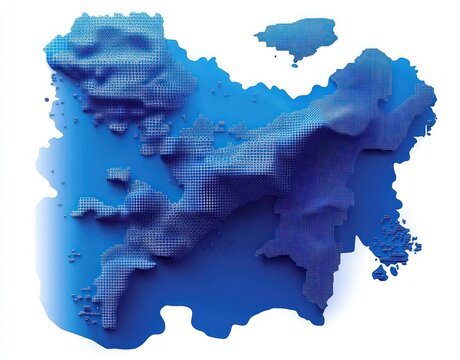 3d abstract blue topographic map with varying elevation levels and pixelated grid texture on white background