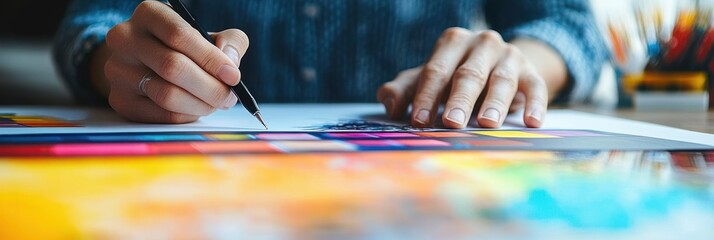 Close-up of a person drawing or sketching colorful designs on paper with a pen on a desk filled with bright art supplies and brushes, focused creative work environment