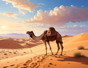 Camel in the desert during sunset, showcasing the beauty of the landscape