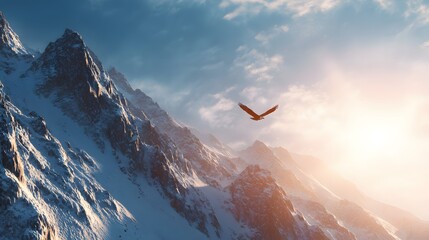 Majestic bird soars above rugged snow covered mountain range during bright sunset