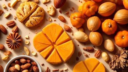 A vibrant arrangement of pumpkins, nuts, and orange sweets, showcasing a colorful autumn theme with various textures and shapes.