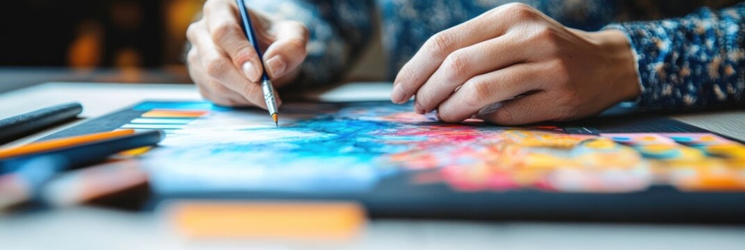Close-up of a person painting with a brush on colorful paper, focusing on hands and vibrant abstract artwork