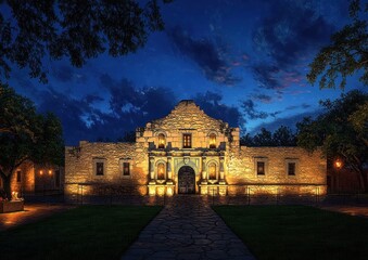 illuminated historic stone building at dusk with cloudy deep blue sky and surrounding trees creating a peaceful atmosphere