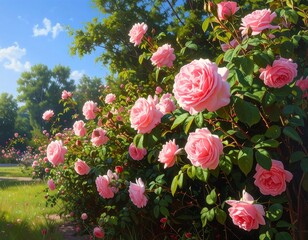 Beautiful blooming pink roses with green leaves under a bright blue summer sky