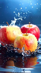 Close-up of three ripe apples being splashed with water