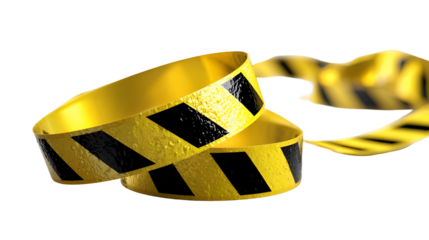 Yellow and black hazard tape coiled and isolated on transparent background