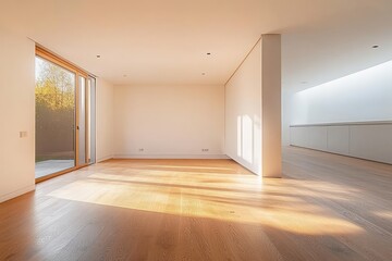 Obraz premium Empty modern room with wooden flooring illuminated by morning sunlight through large glass sliding door and bright white walls