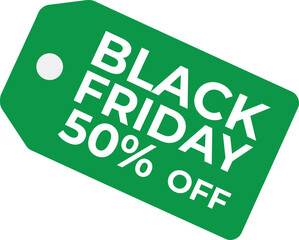 Green discount tag with Black Friday 50% off, minimalist design, isolated on white background
