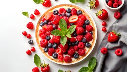 A colorful tart topped with an assortment of fresh berries and mint leaves, set against a clean white background.