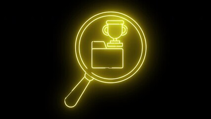 A neon yellow outline shows a magnifying glass over a trophy atop a file folder on a black background - Powered by Adobe