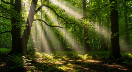 Sunlight streams through lush forest trees png image