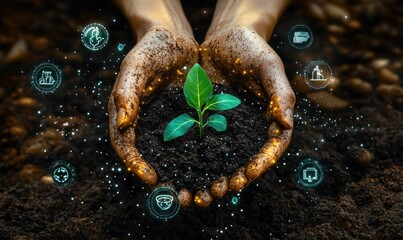 Close-up of hands holding soil with a green seedling surrounded by glowing technology and sustainability icons symbolizing environmental care and growth