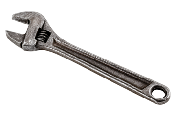 Old rusty adjustable wrench isolated on transparent background