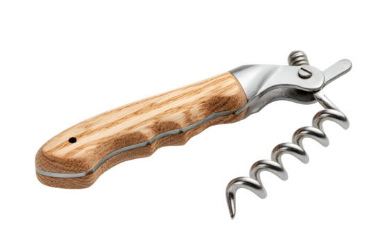 Antique wooden handled corkscrew isolated on transparent background