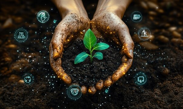 Close-up of hands holding soil with a green seedling surrounded by glowing technology and sustainability icons symbolizing environmental care and growth